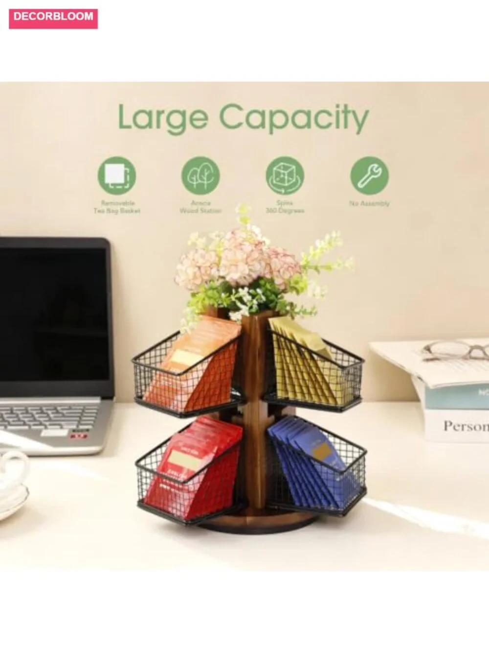 Spinning Carousel Tea Bag Organizer with Removable Wire Baskets